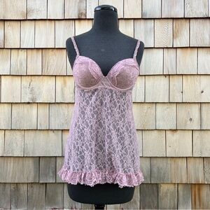 Y2K Victoria's Secret Mauve Sheer Lace Ruffle Babydoll Chemise, 36B